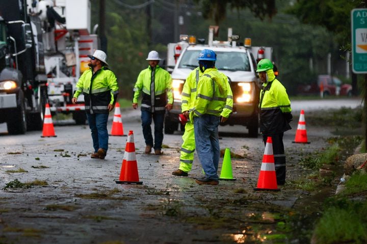 Georgia Power crews are seen restoring power in the northside neighborhood in Valdosta, where dozens of fallen trees have cut power near Valdosta State University. This shows the aftermath of Tropical Storm Debby’s path through South Georgia on Monday, August 5, 2024.
(Miguel Martinez / AJC)