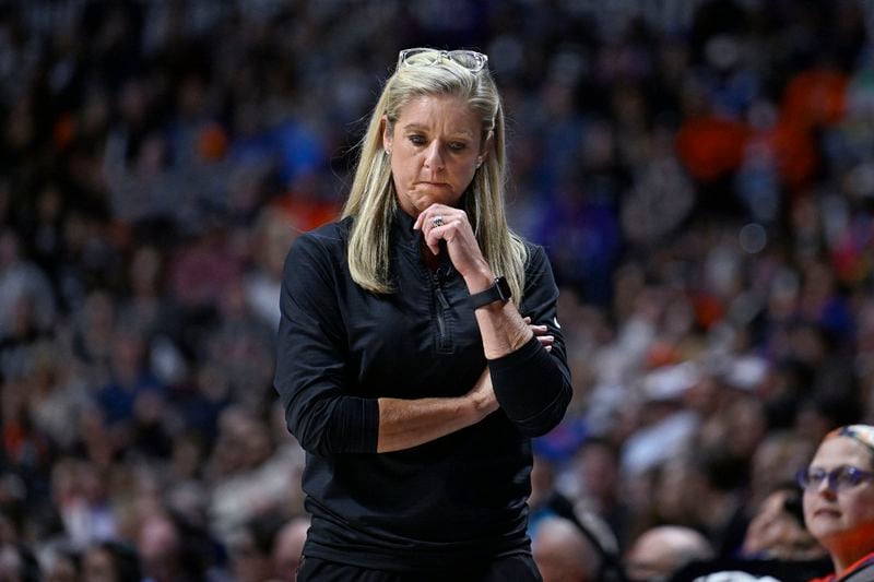 Indiana Fever head coach Christie Sides reacts during Game 2 of a first-round WNBA basketball playoff series against the Connecticut Sun, Wednesday, Sept. 25, 2024, in Uncasville, Conn. (AP Photo/Jessica Hill)