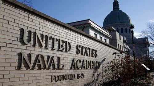 FILE - An entrance to the U.S. Naval Academy campus in Annapolis, Md., is seen Jan. 9, 2014. (AP Photo/Patrick Semansky, File)