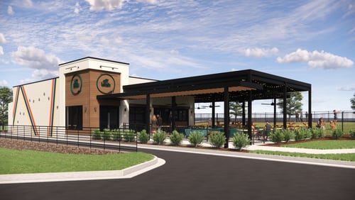 Rendering of Off Leash, a dog park and restaurant set to open in Decatur fall 2024.