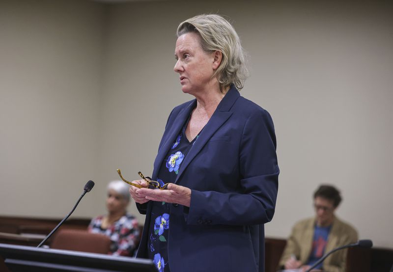 Special prosecutor Kari Morrissey answers a question from Judge T. Glenn Ellington during the plea hearing for Hannah Gutierrez-Reeds, the weapons supervisor on the set of the Western film “Rust," at the First Judicial District Courthouse in Santa Fe, N.M., Monday, Oct. 7, 2024. (Gabriela Campos/Santa Fe New Mexican via AP, Pool)