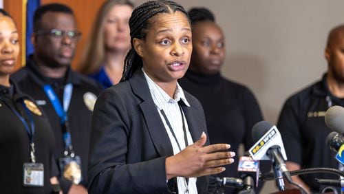 Clayton County Police Sgt. Michelle Alston speaks about the Rainbow House sexual misconduct investigation during a press conference at the police department in Jonesboro on Friday, March 24, 2023. Alston is the primary detective on the investigation. (Arvin Temkar / arvin.temkar@ajc.com)