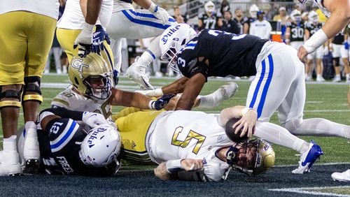 Georgia Tech Yellow Jackets quarterback Zach Pyron (5) scores in the first half of the Georgia Tech versus Duke game at Bobby Dodd Stadium in Atlanta on Saturday, October 5, 2024. The Jackets won 24-14.  (Arvin Temkar / AJC)