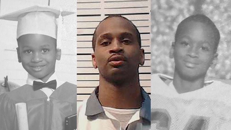 Leslie Singleton, flanked here by photos from his childhood, was convicted at age 17 of felony murder for his participation in a carjacking gone awry and was sentenced to life with parole. Now an inmate at Coffee Correctional Facility, his motion for a new trial has been in limbo for more than 20 years. (Courtesy of Singleton family; Georgia Department of Corrections)