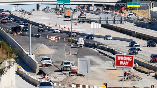 The Georgia Department of Transportation will reduce part of the Perimeter to three lanes in each direction as construction of the new interchange at Ga. 400 enters its final phase. The lane closures are expected to last at least eight months.  Miguel Martinez / miguel.martinezjimenez@ajc.com