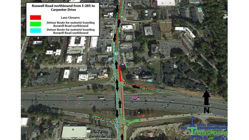 Map depicts northbound lane closures and traffic patterns for Roswell Road at I-285 in the coming overnight hours. GEORGIA DEPARTMENT OF TRANSPORTATION