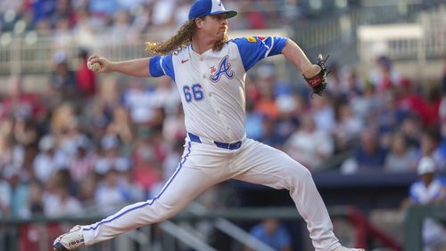 Atlanta Braves pitcher Grant Holmes throws in the first inning of a baseball game against the Miami Marlins, Saturday, Aug. 3, 2024, in Atlanta. (AP Photo/Jason Allen)