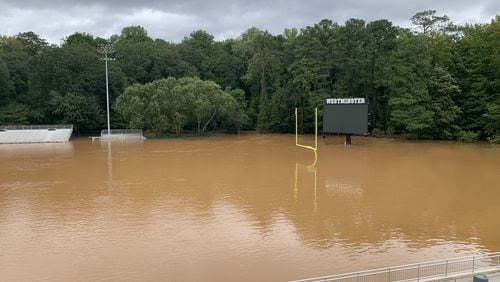 Playing fields at the Westminster School of Atlanta flooded when Hurricane Helene swept through the metro Atlanta area on Sept. 27. (Dylan Jackson/The Atlanta Journal-Constitution).