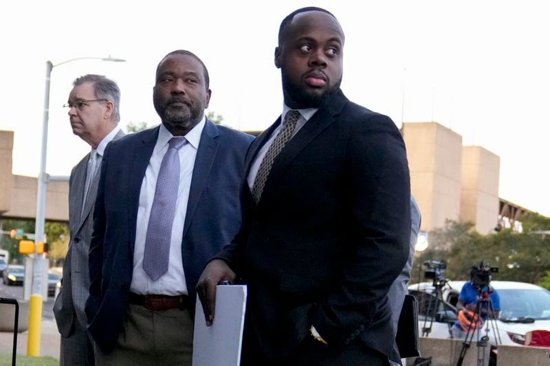 Former Memphis police officer Tadarrius Bean, right, arrives at the federal courthouse before the start of jury selection of the trial in the Tyre Nichols case Monday, Sept. 9, 2024, in Memphis. (AP Photo/George Walker IV)