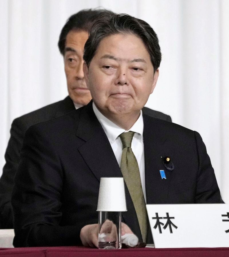 Japan's Chief Cabinet Secretary Yoshimasa Hayashi, a candidate for the ruling Liberal Democratic Party's presidential election, attends a joint speech session with other candidates, at the party's headquarters in Tokyo, Japan Thursday, Sept. 12, 2024.(Kyodo News via AP)