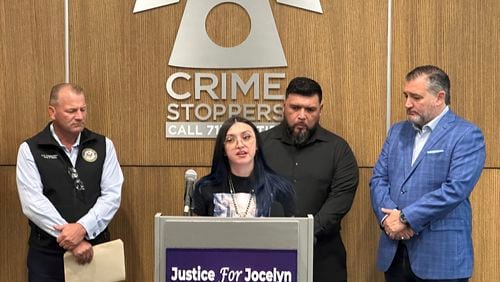 Alexis Nungaray, mother of Jocelyn Nungaray, center, speaks during a news conference in Houston on Friday, Aug. 2, 2024, about legislation related to the detention of immigrants that is being proposed in the wake of her daughter's killing. U.S. Sen. Ted Cruz stands at right. (AP Photo/Juan A. Lozano)