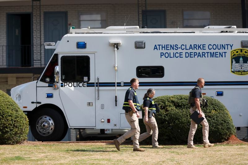 The GBI and local police agencies work at Cielo Azulak Apartments, Friday, Feb. 23, 2024, in Athens, Ga. Laken Riley, a 22-year-old nursing student, was found dead nearby on Thursday. (Jason Getz / jason.getz@ajc.com)