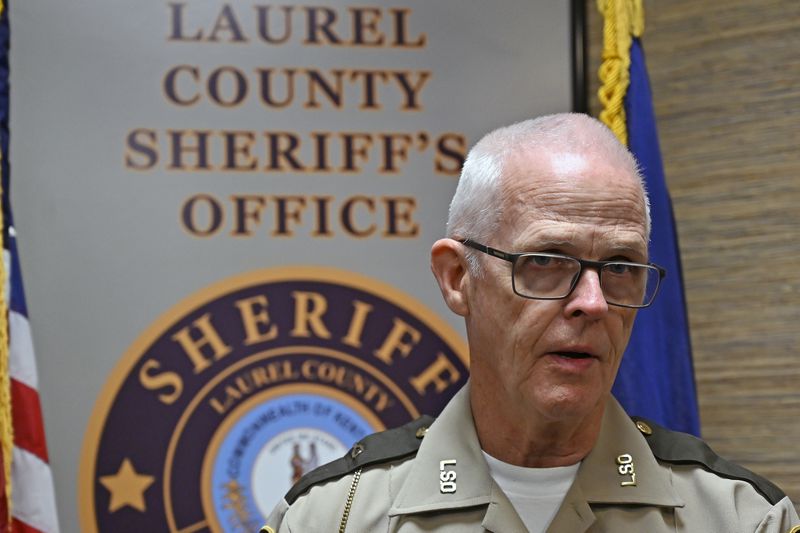 Deputy Gilbert Acciardo, public information officer with the Laurel County Sheriff's Office, gives details Sunday, Sept. 8, 2024, on the progress of the investigation into the shooting along Interstate 75 on Saturday in London, Ky. (AP Photo/Timothy D. Easley)