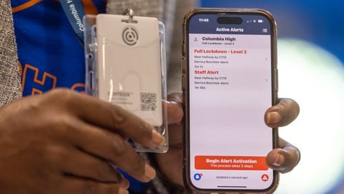 The Centegix Crisis Alert System is used during a demonstration at Columbia High School in Decatur on Thursday, August 3, 2023. (Arvin Temkar / arvin.temkar@ajc.com)