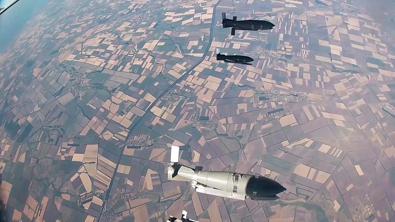 FILE - In this photo taken from video released by the Russian Defense Ministry on Aug. 21, 2024, glide bombs released by a Russian warplane are seen en route to targets amid an incursion by Ukrainian forces into Russia's Kursk region. (Russian Defense Ministry Press Service via AP)