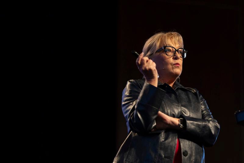 Karen England speaks at a Comeback California Tour event at Revival Fellowship, Saturday, Sept. 21, 2024, in Menifee, Calif. (AP Photo/Zoë Meyers)