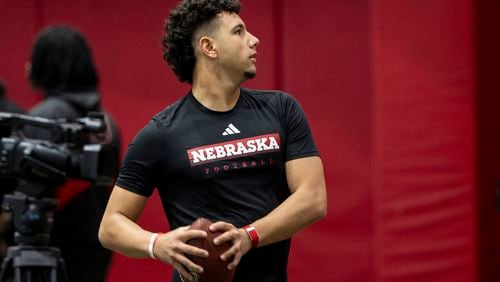 Nebraska quarterback Dylan Raiola throws passes for teammates during the NCAA college football team's NFL Pro Day, March 20, 2024 in Lincoln, Neb. (Anna Reed/Omaha World-Herald via AP, File)