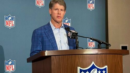 Kansas City Chiefs owner Clark Hunt speaks on behalf of the NFL's special committee on ownership policy in Eagan, Minn., Tuesday, Aug. 27, 2024. (AP Photo/Dave Campbell)