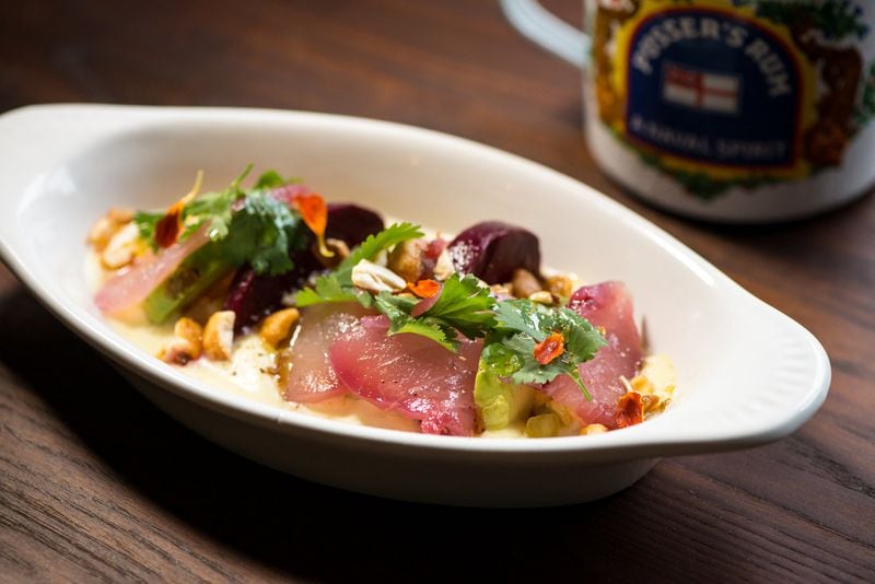 Tuna Crudo with beets, avocado, pineapple, coconut, and lime.