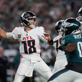 Atlanta Falcons quarterback Kirk Cousins (18) looks to pass during the first half of an NFL football game against the Philadelphia Eagles on Monday, Sept. 16, 2024, in Philadelphia. (AP Photo/Matt Rourke)