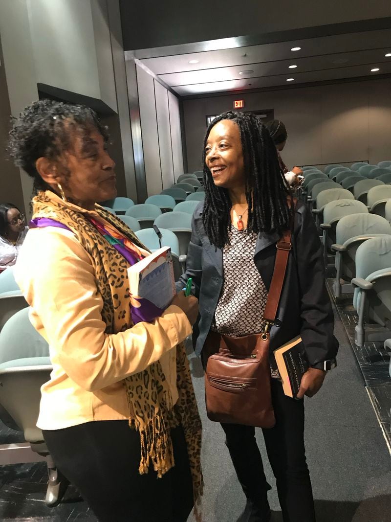 Valerie Boyd (right) and Tina McElroy Ansa chat at the Clark Atlanta University Annual Black Writers Conference in 2019 where they were both presenters. Courtesy of Georgene Bess Montgomery
