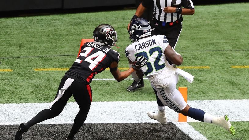 Atlanta Falcons cornerback A.J. Terrell (24) breaks up a pass