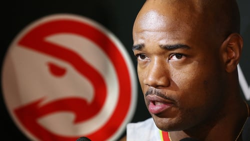 Jarrett Jack takes questions during Hawks media day.  Curtis Compton /ccompton@ajc.com