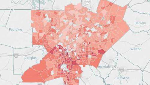 This is a look at the life expectancy of the core metro Atlanta counties using National Center for Health Statistics data. Darker cells indicate a lower life expectancy and the lighter cells represents a higher life expectancy.