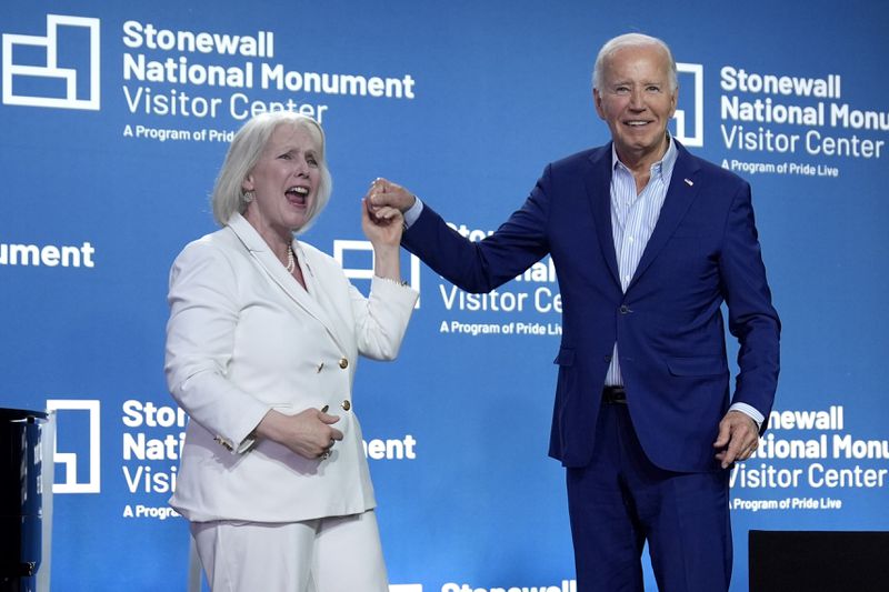President Joe Biden, right, poses with Sen. Kirsten Gillibrand, D-N.Y., at the grand opening ceremony for the Stonewall National Monument Visitor Center, Friday, June 28, 2024, in New York. (AP Photo/Evan Vucci)