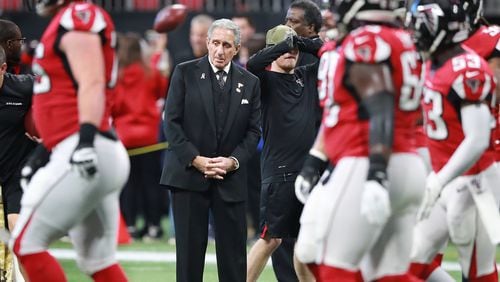 Falcons owner Arthur Blank watches as his team prepares to play the Buccaneers in a NFL football game.   Curtis Compton/ccompton@ajc.com