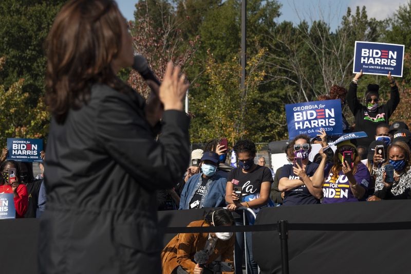 Democratic vice presidential candidate U.S. Sen. Kamala Harris, D-Calif., addresses a crowd during a campaign rally at the Infinite Energy Center on Sunday, Nov. 1, 2020, in Duluth. (Photo: John Amis for The Atlanta Journal-Constitution)
