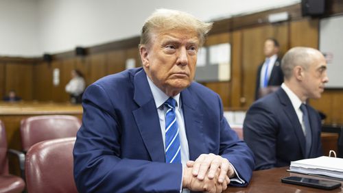 FILE - Former President Donald Trump awaits the start of proceedings on the second day of jury selection at Manhattan criminal court, April 16, 2024, in New York. (Justin Lane/Pool Photo via AP)