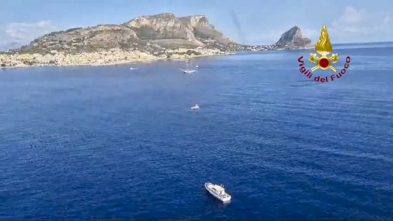 This picture taken from video released by the Italian Firefighters on Monday, Aug. 19, 2024, show the stretch of Sea near Palermo, Sicily, in southern Italy, where the sail yacht Bayasian under UK flag sank early Monday. (Vigili del Fuoco via AP, HO)