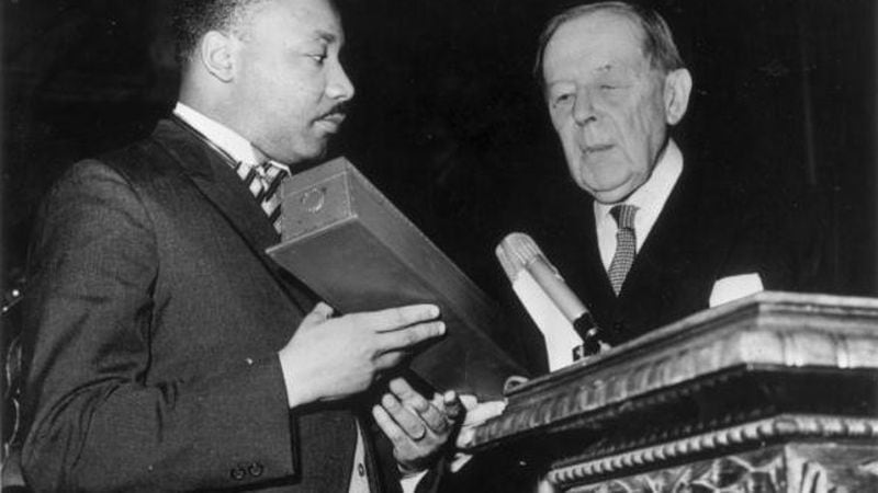 The most shocking allegation against Martin Luther King Jr. occurs in 1964, the same year that King would go on to receive a Nobel Peace Prize. Here, King receives the prize from Gunnar Jahn, president of the Nobel Prize Committee, in Oslo. (Photo by Keystone/Getty Images)