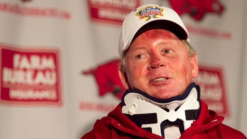 Arkansas football coach Bobby Petrino speaks during a news conference at a Fayetteville, Ark., on Tuesday, April 3, 2012, after being released from a hospital after he was injured in a motorcycle accident on Sunday, April 1. The 51-year-old says he was not wearing a helmet at the time of the crash, which occurred on Arkansas Highway 16 in Madison County _ about 20 miles southeast of Fayetteville.  (AP Photo/Gareth Patterson)
