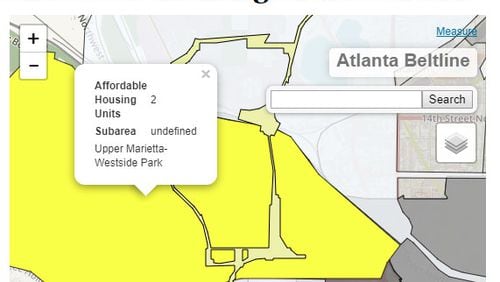 A screenshot from the AJC's interactive showing affordable housing units built along the Atlanta Beltline.