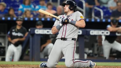 Atlanta Braves' Sean Murphy falls on his knees to avoid a pitch during the eight inning of a baseball game against the Miami Marlins, Friday, Sept. 20, 2024, in Miami. (AP Photo/Marta Lavandier)