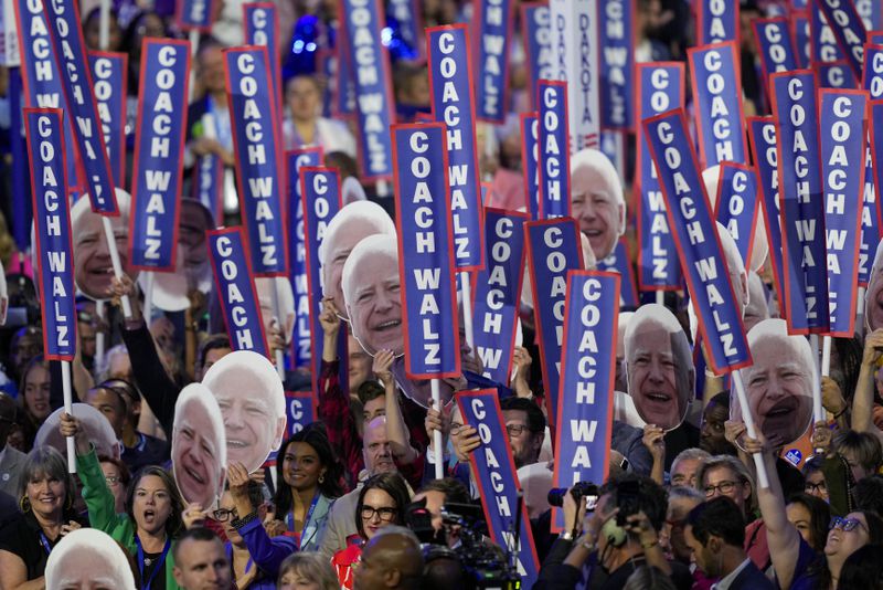 Democratic vice presidential nominee Minnesota Gov. Tim Walz speaks during the Democratic National Convention Wednesday, Aug. 21, 2024, in Chicago. (AP Photo/Matt Rourke)