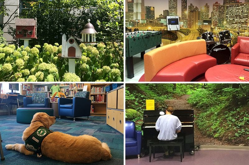 Scenes from Children's Hospital of Atlanta at Egleston, clockwise from top left: The main garden; the Teen Room with drum kit; a patient plays piano outside the Blood and Marrow Transplant Unit; Izzy the service dog in the family library.