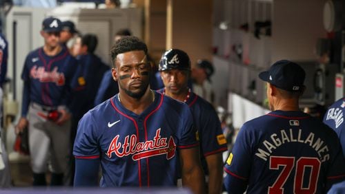 Atlanta Braves’ Jorge Soler and teammates react after losing to the San Diego Padres 5-4 in National League Division Series Wild Card Game Two at Petco Park in San Diego on Wednesday, Oct. 2, 2024. The Padres advance to the Division Series to face the Los Angeles Dodgers.  (Jason Getz / Jason.Getz@ajc.com)