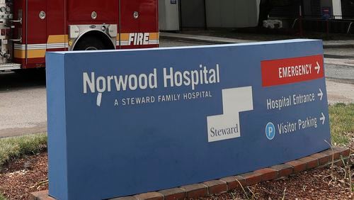 FILE - The sign for Norwood Hospital, a Steward Health Care hospital, is seen, June 29, 2020, in Norwood, Mass. (AP Photo/Steven Senne, File)