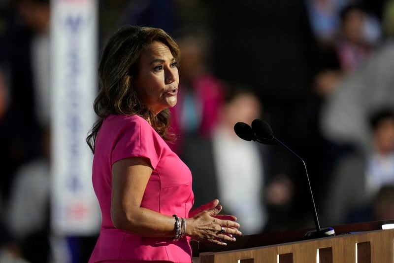 Rep. Veronica Escobar, D-Texas, speaks during the Democratic National Convention Wednesday, Aug. 21, 2024, in Chicago. (AP Photo/Paul Sancya)