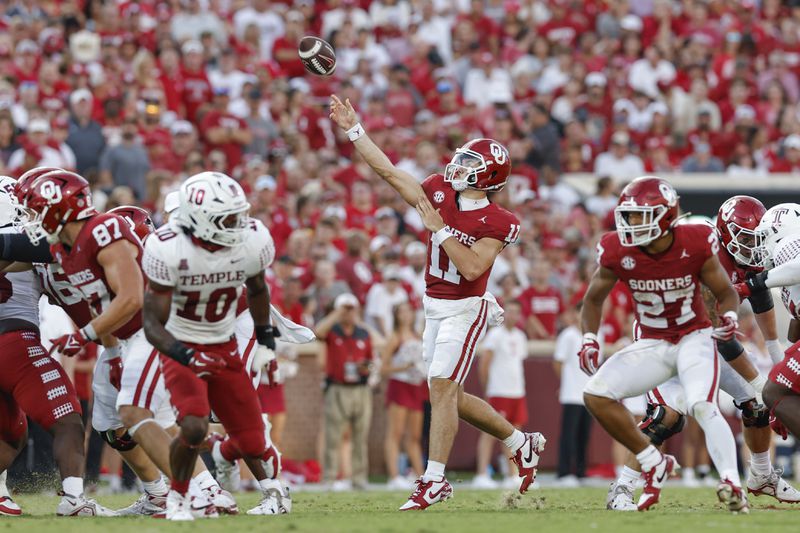 Oklahoma quarterback Jackson Arnold (11) passes against Temple during the second quarter of an NCAA college football game Friday, Aug. 30, 2024, in Norman, Okla. (AP Photo/Alonzo Adams)