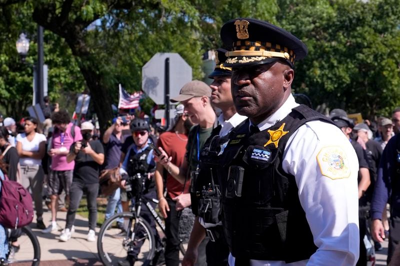 Chicago Police Superintendent Larry Snelling watches a march to the Democratic National Convention Monday, Aug. 19, 2024, in Chicago. (AP Photo/Alex Brandon)