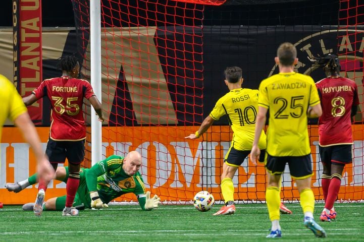 Brad Guzan is unable to stop a goal in the first half of the Atlanta United game against Columbus Crew at Mercedes Benz Stadium in Atlanta, GA on July 20, 2024. (Jamie Spaar for the Atlanta Journal Constitution)