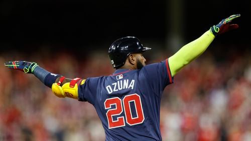 Atlanta Braves' Marcell Ozuna celebrates his home run against the Cincinnati Reds during the seventh inning of a baseball game Wednesday, Sept. 18, 2024, in Cincinnati. The Braves won 7-1. (AP Photo/Jay LaPrete)