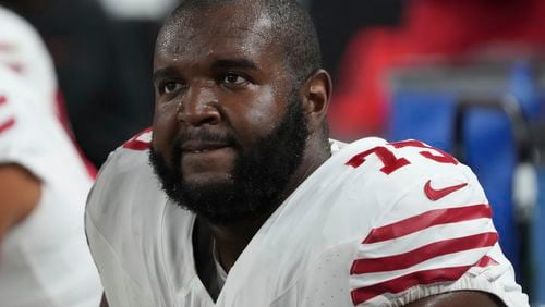 San Francisco 49ers offensive tackle Brandon Parker (75) during the first half of an NFL preseason football game against the Las Vegas Raiders, Friday, Aug 23, 2024, in Las Vegas. The Raiders and 49ers finished in a tie 24-24. (AP Photo/Rick Scuteri)