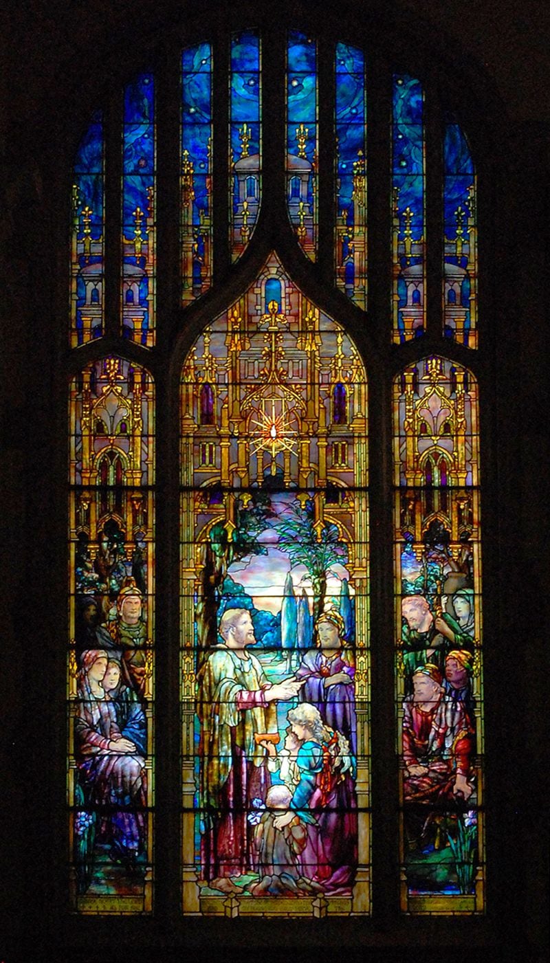 The final history window, "Christian Missions," at First Presbyterian Church of Atlanta is by Tiffany and depicts the spread of Christianity in the first centuries after the death of Jesus.
