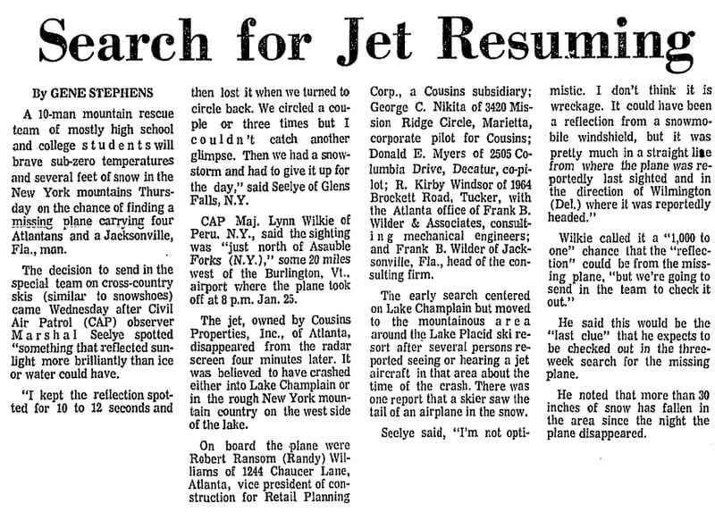 From the front page of the Feb. 11, 1971, edition of The Atlanta Journal Constitution, this article reports on efforts to find a jet that crashed in Vermont on Jan. 27, which had four metro Atlantans as passengers aboard.