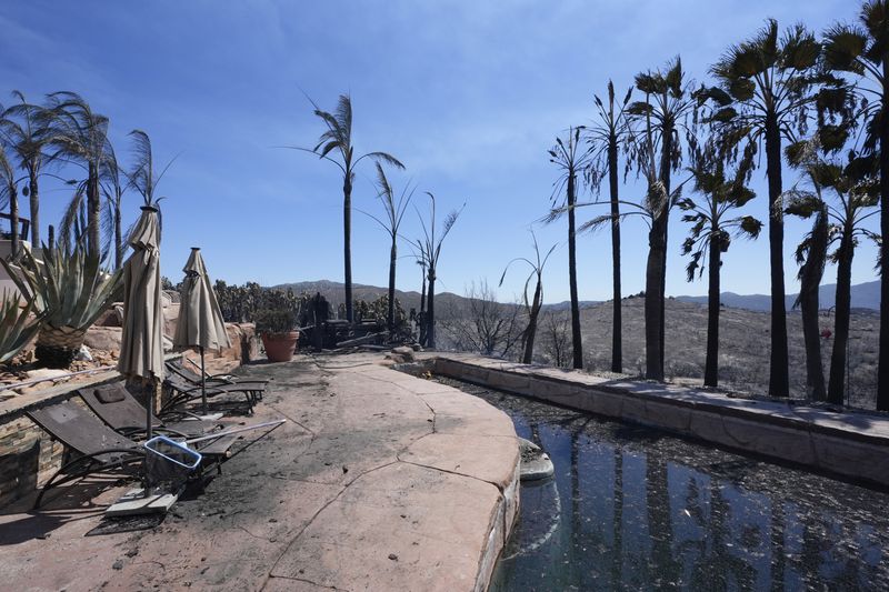 A fire-ravaged property is seen after the Airport Fire swept through Wednesday, Sept. 11, 2024, in El Cariso Village, in unincorporated Riverside, County, Calif. (AP Photo/Gregory Bull)